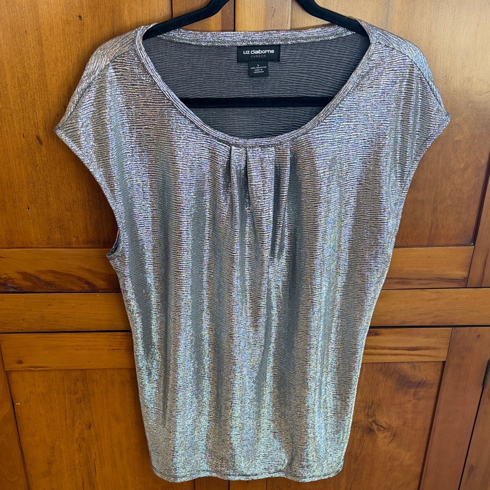 Metallic Silver Liz Claiborne Career Festive Blouse, Large